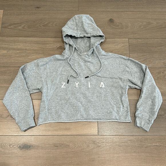 ZYIA ACTIVE Heathered Gray Raw Edge Cropped Pullover Cotton Gym Hoodie Size XS - Picture 2 of 11